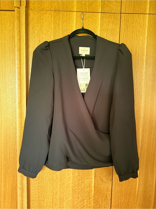 Sezane Tops - Sezane Black Wrap Blouse with Puff Shoulders and V-Neck